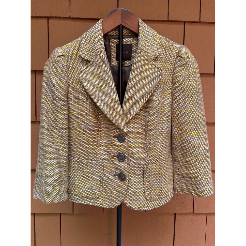 The Limited Y2K Yellow White Textured Tweed Lined Blazer Jacket XS Preppy Retro